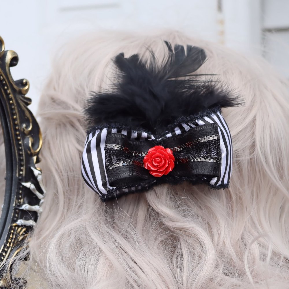 New!! Black Feathers Stripe Red Rose Bow